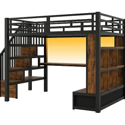 Lit mezzanine en métal 140x200cm avec LED - avec bureau et étagères - 2 tiroirs et escalier de rangement - Noir(sans matelas)