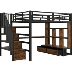 Lit mezzanine en métal 140x200cm avec LED - avec bureau et étagères - 2 tiroirs et escalier de rangement - Noir(sans matelas)