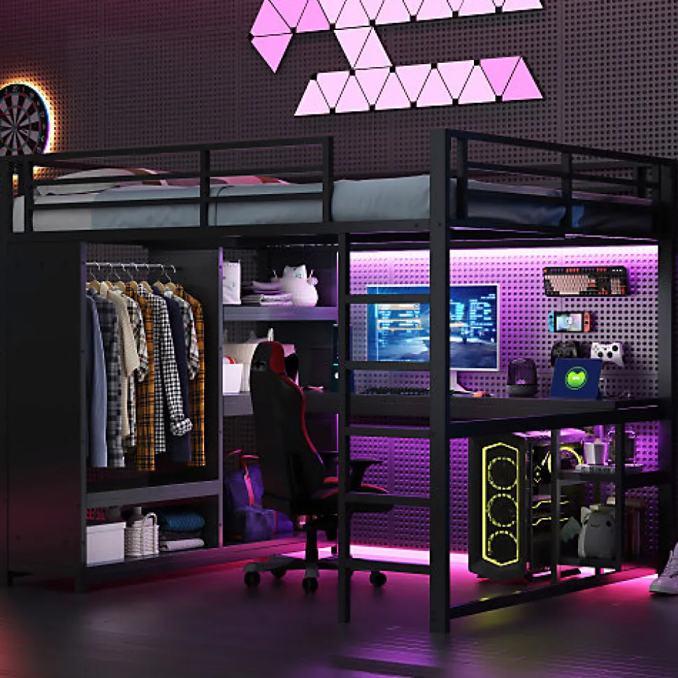 Lit mezzanine en métal 160x200cm avec LED - Bureau et compartiments de rangement - Armoire ouverte - Noir (sans matelas)