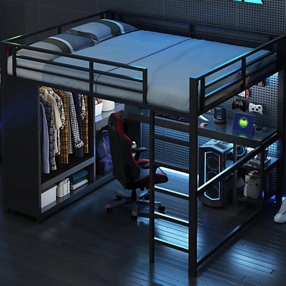 Lit mezzanine en métal 160x200cm avec LED - Bureau et compartiments de rangement - Armoire ouverte - Noir (sans matelas)