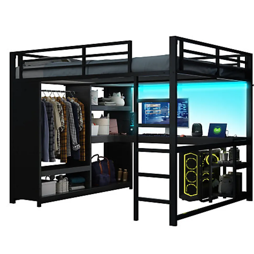 Lit mezzanine en métal 160x200cm avec LED - Bureau et compartiments de rangement - Armoire ouverte - Noir (sans matelas)