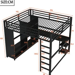 Lit mezzanine en métal 160x200cm avec LED - Bureau et compartiments de rangement - Armoire ouverte - Noir (sans matelas)