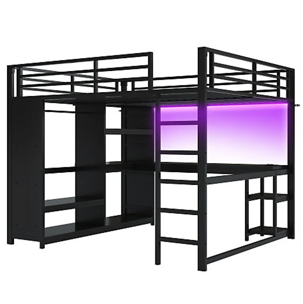 Lit mezzanine en métal 160x200cm avec LED - Bureau et compartiments de rangement - Armoire ouverte - Noir (sans matelas)