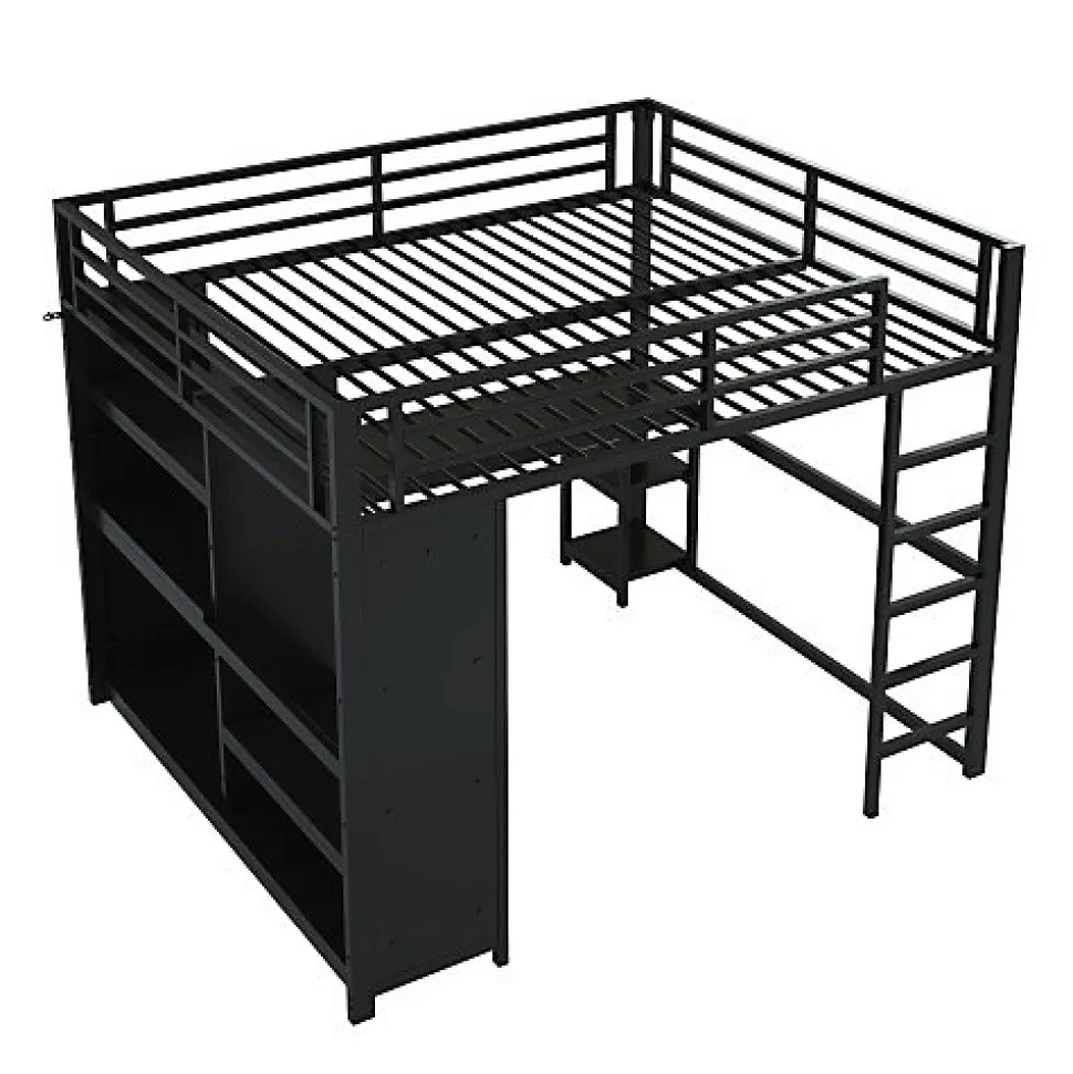 Lit mezzanine en métal 160x200cm avec LED - Bureau et compartiments de rangement - Armoire ouverte - Noir (sans matelas)