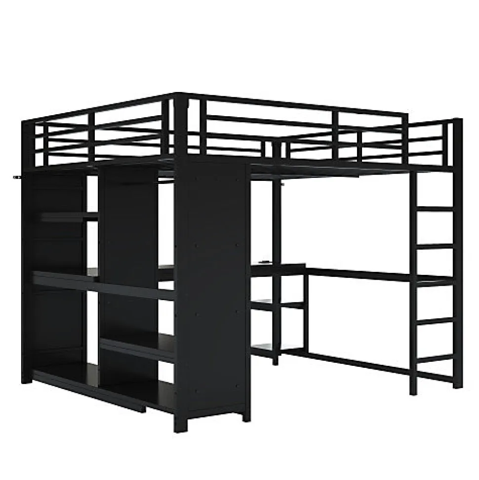 Lit mezzanine en métal 160x200cm avec LED - Bureau et compartiments de rangement - Armoire ouverte - Noir (sans matelas)