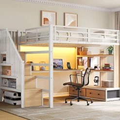 Lit mezzanine en métal 140x200cm avec LED - avec bureau et étagères - 2 tiroirs et escalier de rangement - Blanc (sans matelas)