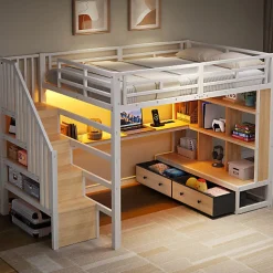 Lit mezzanine en métal 140x200cm avec LED - avec bureau et étagères - 2 tiroirs et escalier de rangement - Blanc (sans matelas)