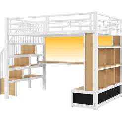 Lit mezzanine en métal 140x200cm avec LED - avec bureau et étagères - 2 tiroirs et escalier de rangement - Blanc (sans matelas)