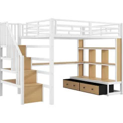 Lit mezzanine en métal 140x200cm avec LED - avec bureau et étagères - 2 tiroirs et escalier de rangement - Blanc (sans matelas)
