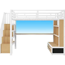 Lit mezzanine en métal 140x200cm avec LED - avec bureau et étagères - 2 tiroirs et escalier de rangement - Blanc (sans matelas)