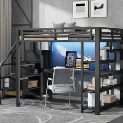 Lit mezzanine en métal 140x200mm avec armoire ouverte et bureau - LED et port USB - Avec échelle de rangement et étagères - Noir