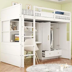 Lit mezzanine enfant avec bureau et armoire,90x200cm,blanc,avec échelle et rangement