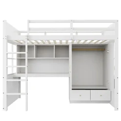 Lit mezzanine enfant avec bureau et armoire,90x200cm,blanc,avec échelle et rangement