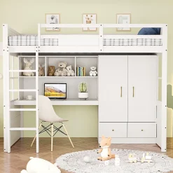 Lit mezzanine enfant avec bureau et armoire,90x200cm,blanc,avec échelle et rangement