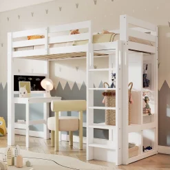 Lit Mezzanine Enfant Simple 90x200 cm - Bureau, Armoire Ouverte et Étagères, Barrières de Sécurité - sans Matelas - Blanc