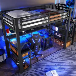 Lit Mezzanine Enfant 90x200 cm Avec Bureau, LED, Escalier de Rangement, Garde-Corps et Ports USB, Sans Matelas, Métal + MDF, Noir