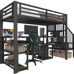 Lit Mezzanine Enfant 90x200 cm Avec Bureau, LED, Escalier de Rangement, Garde-Corps et Ports USB, Sans Matelas, Métal + MDF, Noir