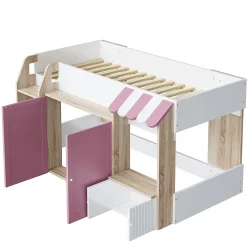 Lit Mezzanine enfant 90x200 cm avec Échelle et Rangement Ouvert - Bois Massif Naturel et Rose, Sans Matelas