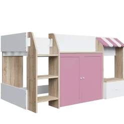 Lit Mezzanine enfant 90x200 cm avec Échelle et Rangement Ouvert - Bois Massif Naturel et Rose, Sans Matelas