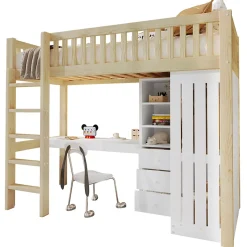 Lit Mezzanine Enfant 90x200 cm - avec Bureau Intégré, Armoire et 3 Tiroirs, Échelle et Garde-Corps, Bois Naturel - sans Matelas