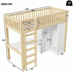 Lit Mezzanine Enfant 90x200 cm - avec Bureau Intégré, Armoire et 3 Tiroirs, Échelle et Garde-Corps, Bois Naturel - sans Matelas