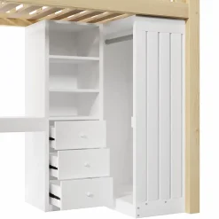 Lit Mezzanine Enfant 90x200 cm - avec Bureau Intégré, Armoire et 3 Tiroirs, Échelle et Garde-Corps, Bois Naturel - sans Matelas