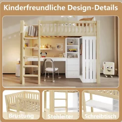 Lit Mezzanine Enfant 90x200 cm - avec Bureau Intégré, Armoire et 3 Tiroirs, Échelle et Garde-Corps, Bois Naturel - sans Matelas