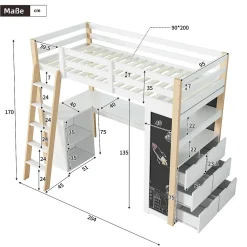 Lit Mezzanine enfant 90x200 cm - avec Bureau et Grand Tiroir de Rangement - Sans Matelas - Bois Massif et MDF, Blanc et Naturel