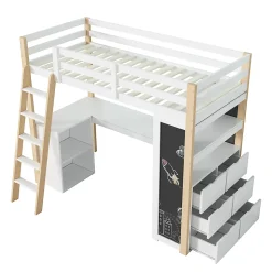 Lit Mezzanine enfant 90x200 cm - avec Bureau et Grand Tiroir de Rangement - Sans Matelas - Bois Massif et MDF, Blanc et Naturel