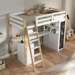 Lit Mezzanine enfant 90x200 cm - avec Bureau et Grand Tiroir de Rangement - Sans Matelas - Bois Massif et MDF, Blanc et Naturel