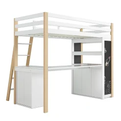 Lit Mezzanine enfant 90x200 cm - avec Bureau et Grand Tiroir de Rangement - Sans Matelas - Bois Massif et MDF, Blanc et Naturel