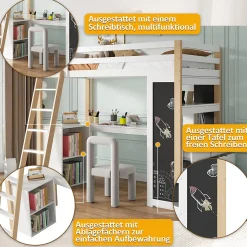 Lit Mezzanine enfant 90x200 cm - avec Bureau et Grand Tiroir de Rangement - Sans Matelas - Bois Massif et MDF, Blanc et Naturel