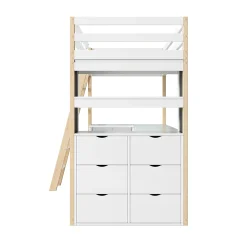 Lit Mezzanine enfant 90x200 cm - avec Bureau et Grand Tiroir de Rangement - Sans Matelas - Bois Massif et MDF, Blanc et Naturel