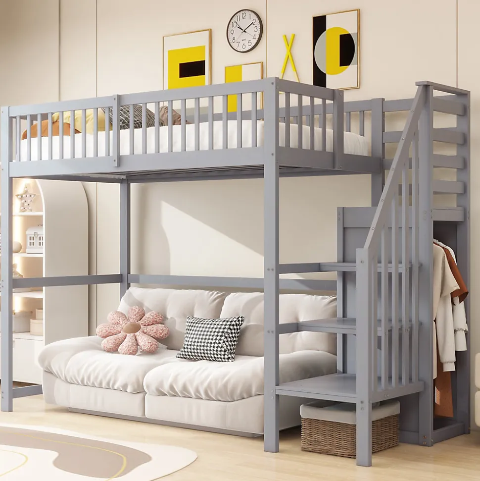 Lit Mezzanine enfant 90x200 cm avec Rangement, Escalier et Petit Dressing Intégré Bois Gris, Multifonction pour Chambre Ado, Gris
