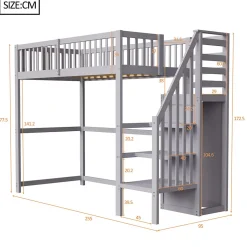 Lit Mezzanine enfant 90x200 cm avec Rangement, Escalier et Petit Dressing Intégré Bois Gris, Multifonction pour Chambre Ado, Gris