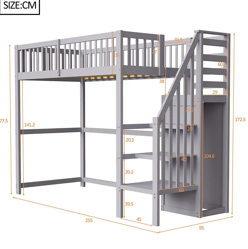 Lit Mezzanine enfant 90x200 cm avec Rangement, Escalier et Petit Dressing Intégré Bois Gris, Multifonction pour Chambre Ado, Gris