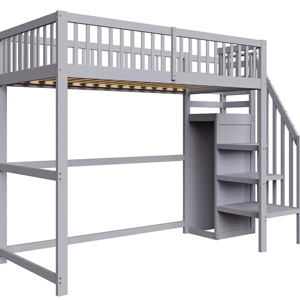 Lit Mezzanine enfant 90x200 cm avec Rangement, Escalier et Petit Dressing Intégré Bois Gris, Multifonction pour Chambre Ado, Gris