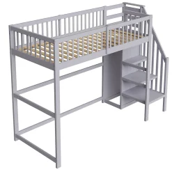 Lit Mezzanine enfant 90x200 cm avec Rangement, Escalier et Petit Dressing Intégré Bois Gris, Multifonction pour Chambre Ado, Gris