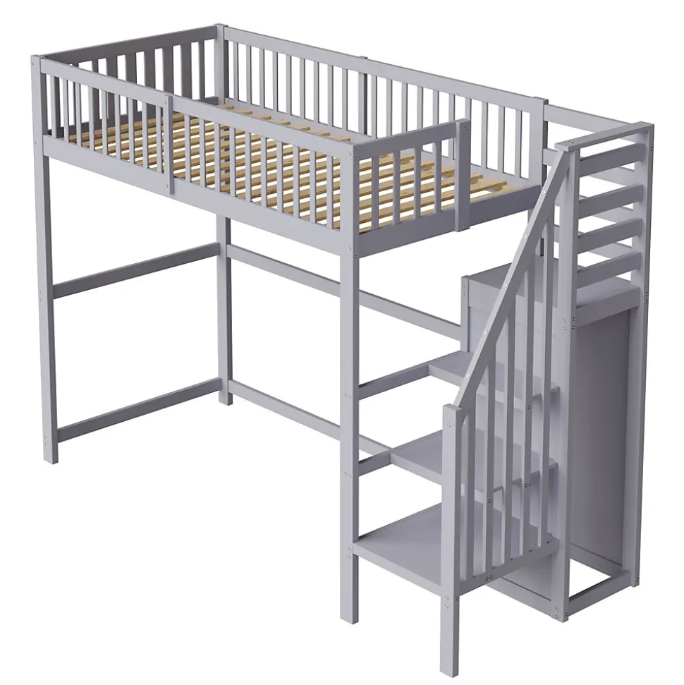Lit Mezzanine enfant 90x200 cm avec Rangement, Escalier et Petit Dressing Intégré Bois Gris, Multifonction pour Chambre Ado, Gris