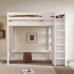 Lit Mezzanine Enfant 90x200 cm - Lit avec Armoire et 6 Étagères, Bois Massif et Panneaux E1, Blanc