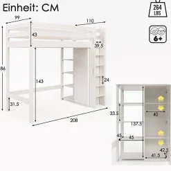 Lit Mezzanine Enfant 90x200 cm - Lit avec Armoire et 6 Étagères, Bois Massif et Panneaux E1, Blanc