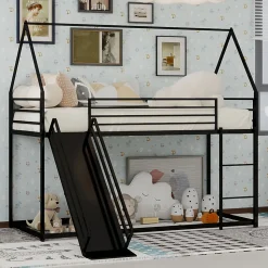 Lit Mezzanine Enfant 90x190 cm - Lit Maison avec Toboggan et Échelle, Métal Noir, Sans Matelas