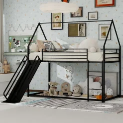 Lit Mezzanine Enfant 90x190 cm - Lit Maison avec Toboggan et Échelle, Métal Noir, Sans Matelas