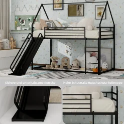 Lit Mezzanine Enfant 90x190 cm - Lit Maison avec Toboggan et Échelle, Métal Noir, Sans Matelas