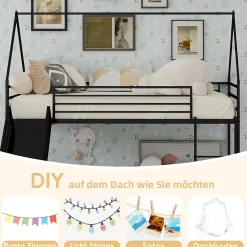 Lit Mezzanine Enfant 90x190 cm - Lit Maison avec Toboggan et Échelle, Métal Noir, Sans Matelas