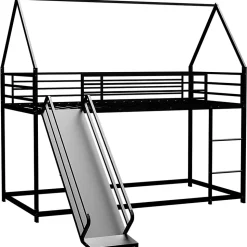 Lit Mezzanine Enfant 90x190 cm - Lit Maison avec Toboggan et Échelle, Métal Noir, Sans Matelas