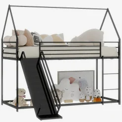 Lit Mezzanine Enfant 90x190 cm - Lit Maison avec Toboggan et Échelle, Métal Noir, Sans Matelas