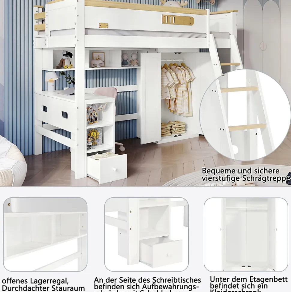 Lit Mezzanine enfant 90x200 cm Bois avec Bureau, Échelle à Niveaux, Protection Anti-Chute, Rangement, Blanc/Naturel, Sans Matelas