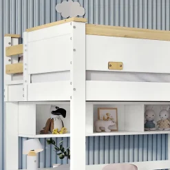 Lit Mezzanine enfant 90x200 cm Bois avec Bureau, Échelle à Niveaux, Protection Anti-Chute, Rangement, Blanc/Naturel, Sans Matelas
