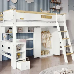 Lit Mezzanine enfant 90x200 cm Bois avec Bureau, Échelle à Niveaux, Protection Anti-Chute, Rangement, Blanc/Naturel, Sans Matelas